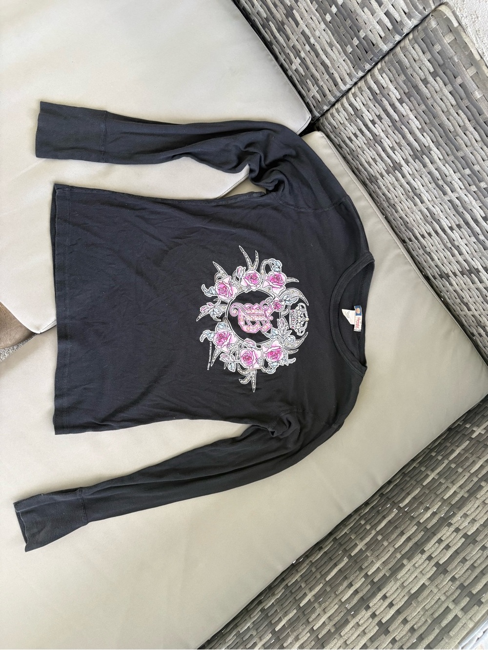 Black Long Sleeve Tee with Pink Floral Skull Graphic